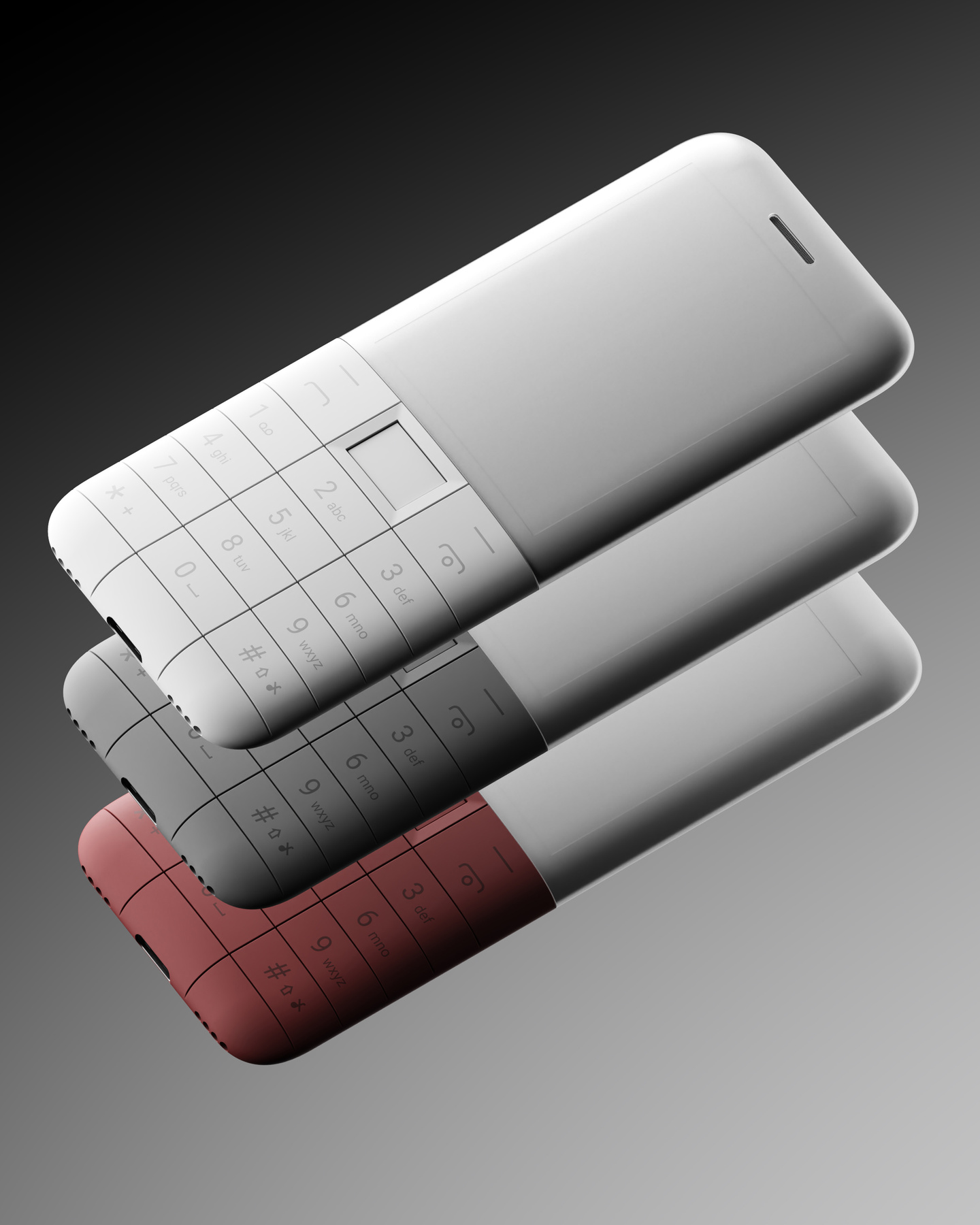 Stacked white, grey, and terracotta minimalist keypad phones showing side profile.