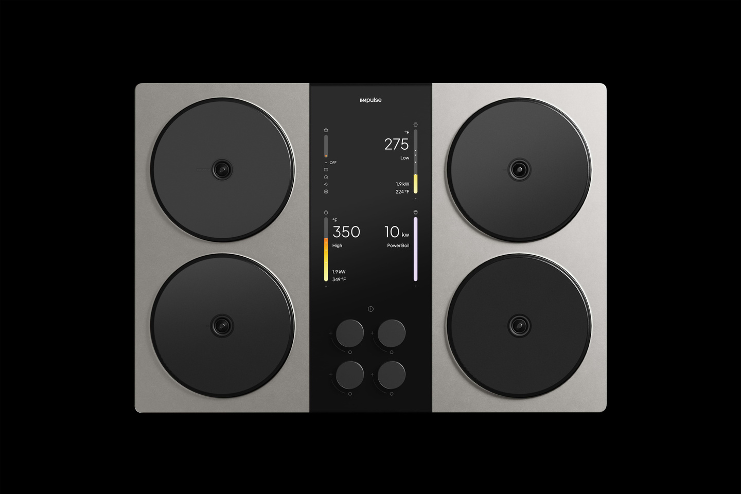 Top-down render of a four-burner induction cooktop unit