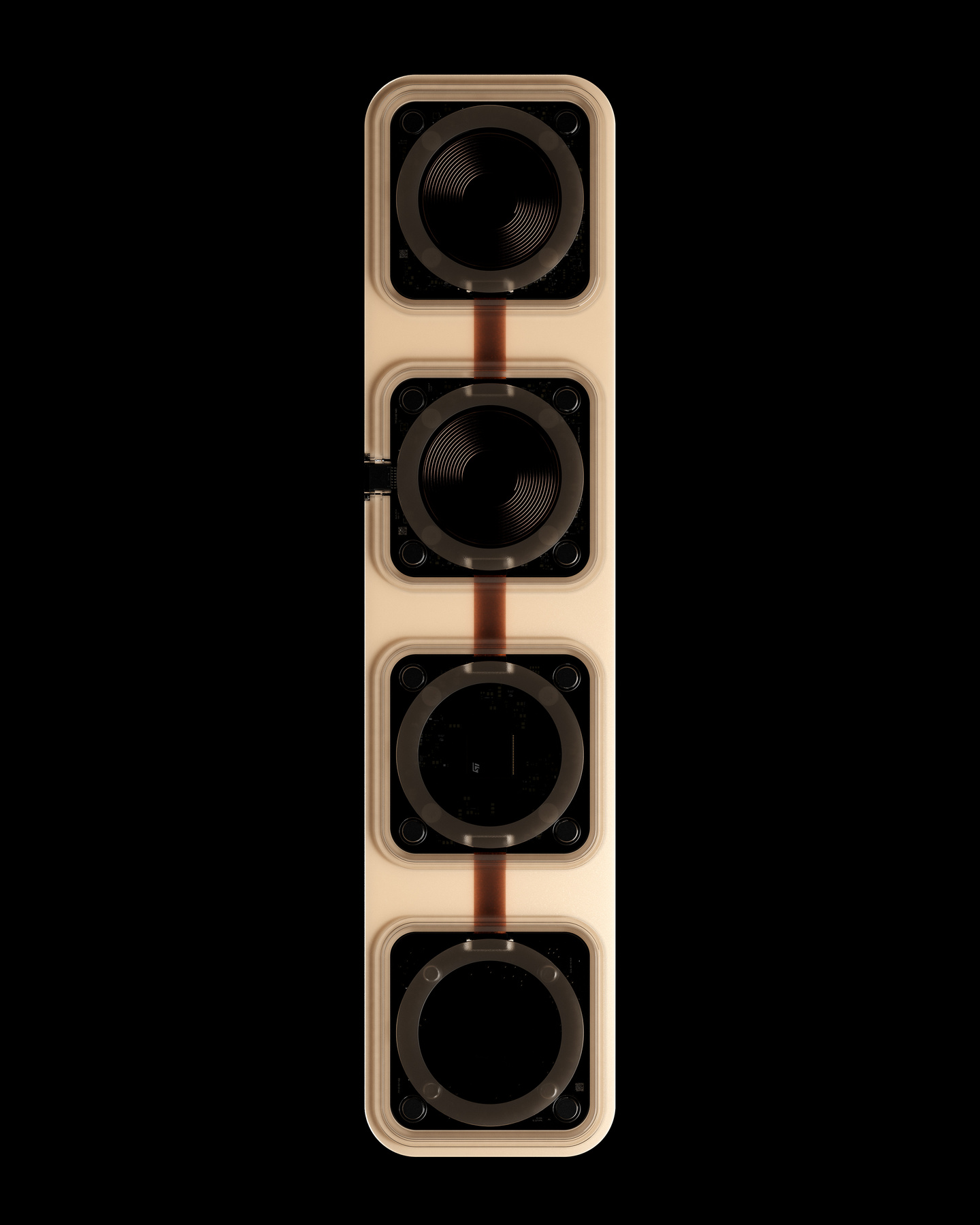 Vertical top-down view of an unfolded four-pad wireless charger.