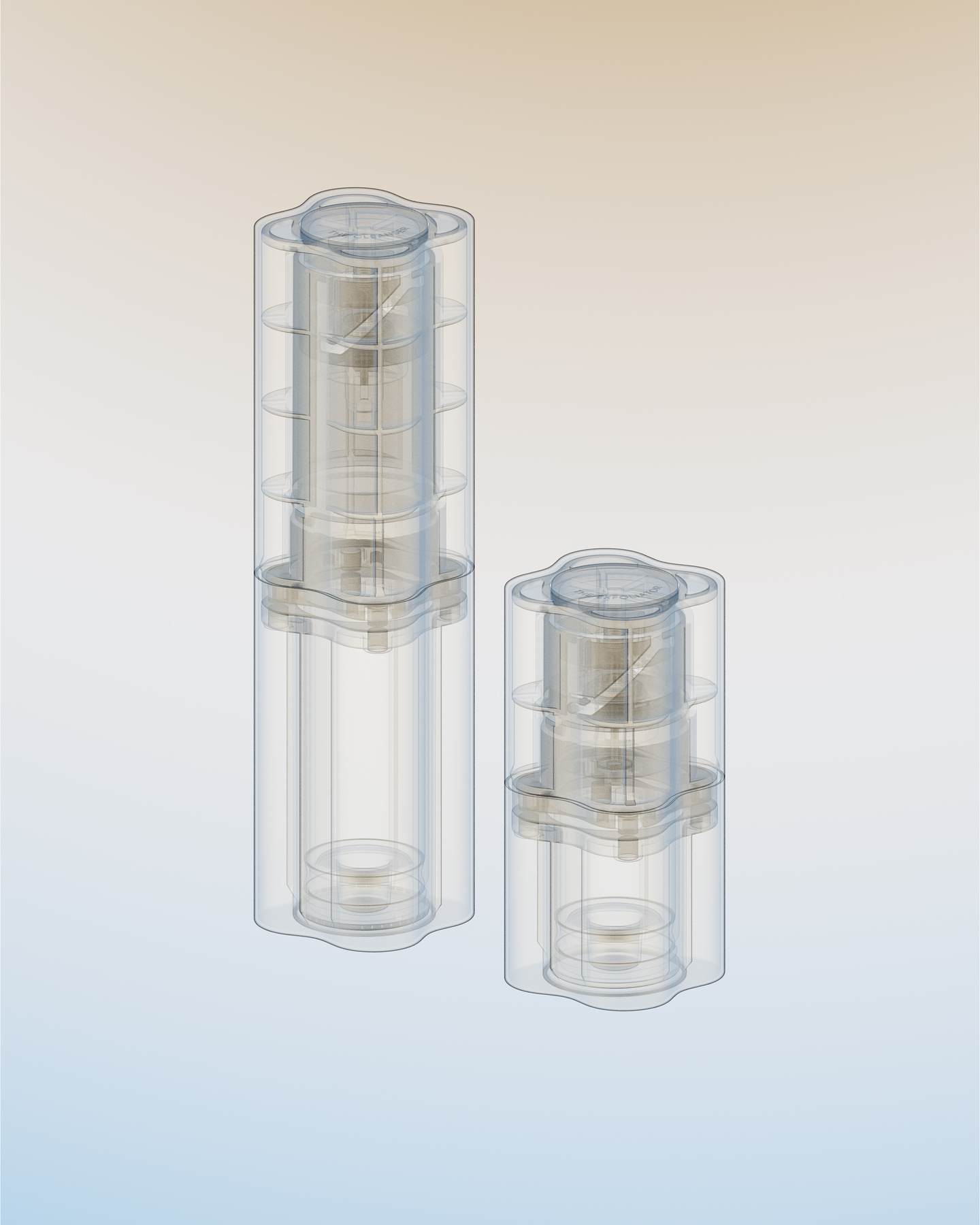 Wireframe 3D CAD renders of two skincare bottle sizes