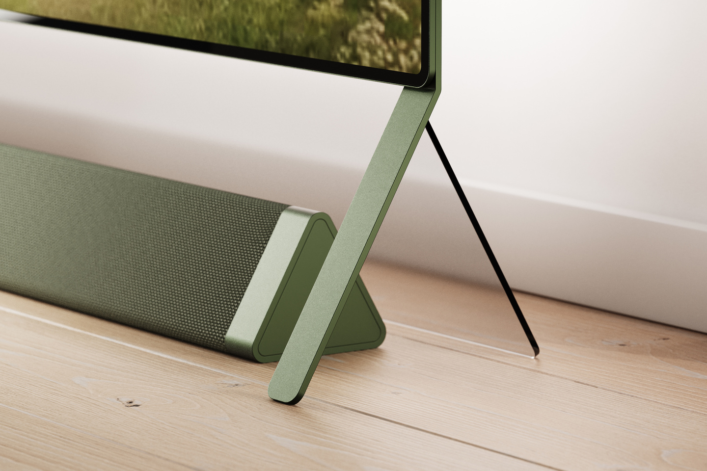 Detail view of television base unit in studio lighting.