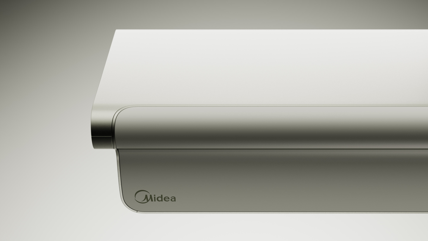 Angled top view of the metallic air conditioner front casing featuring the Midea logo.