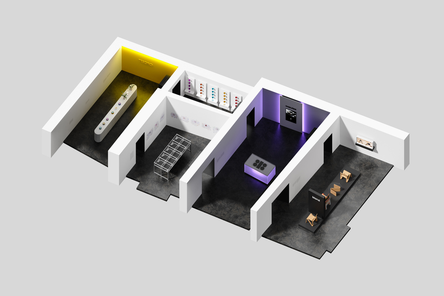 3D isometric architectural layout render of the Casa BLOND exhibition space.