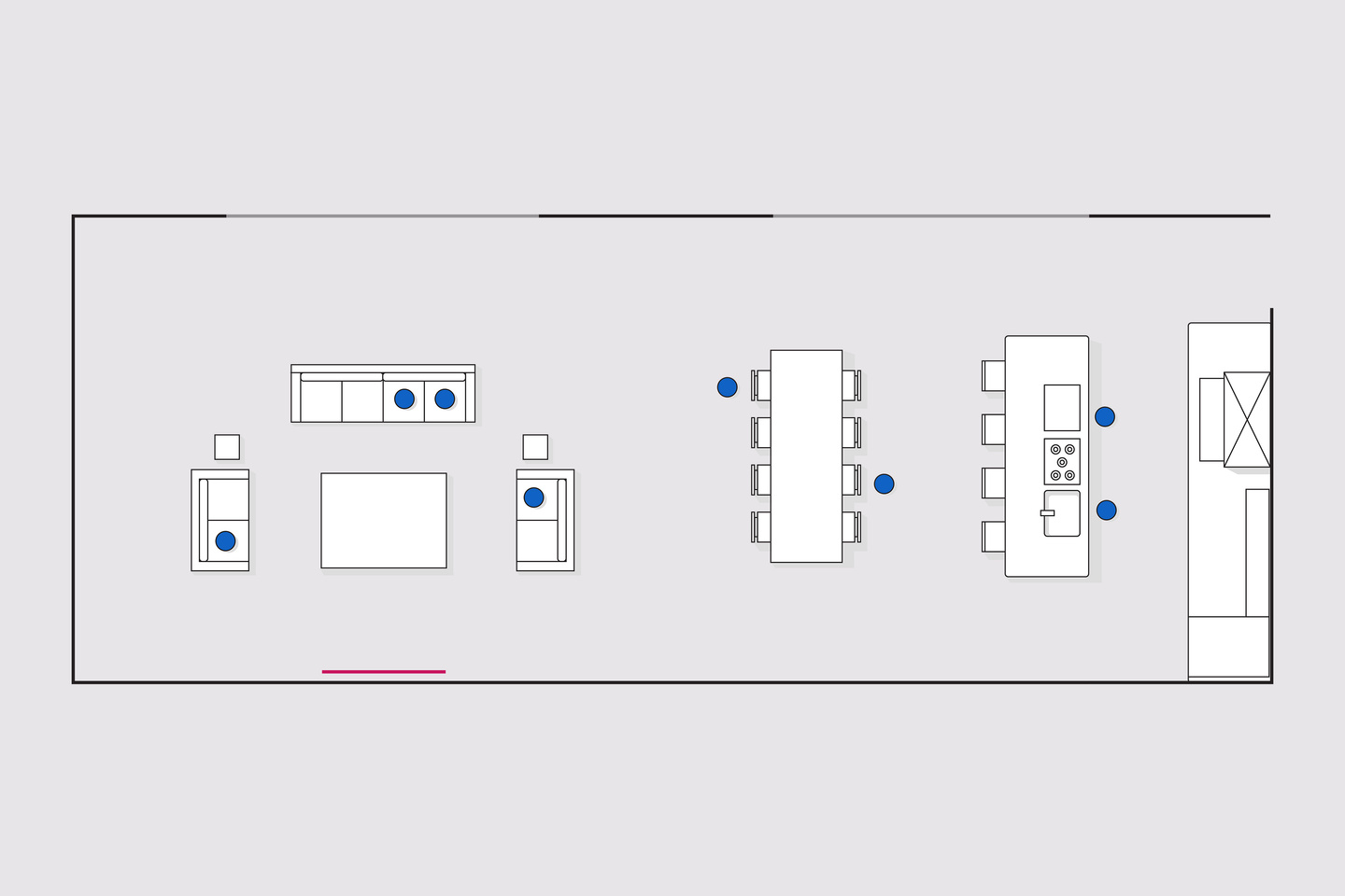 Floor plan layout from above with furniture items and a red line indicating television position
