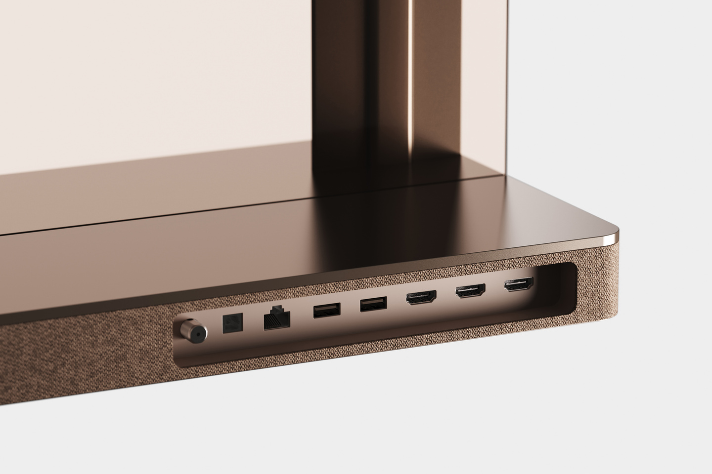 Detail view of input and output ports on television frame.