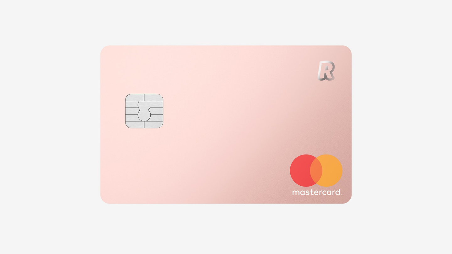 Rose gold metallic Revolut card front view with Mastercard logo.