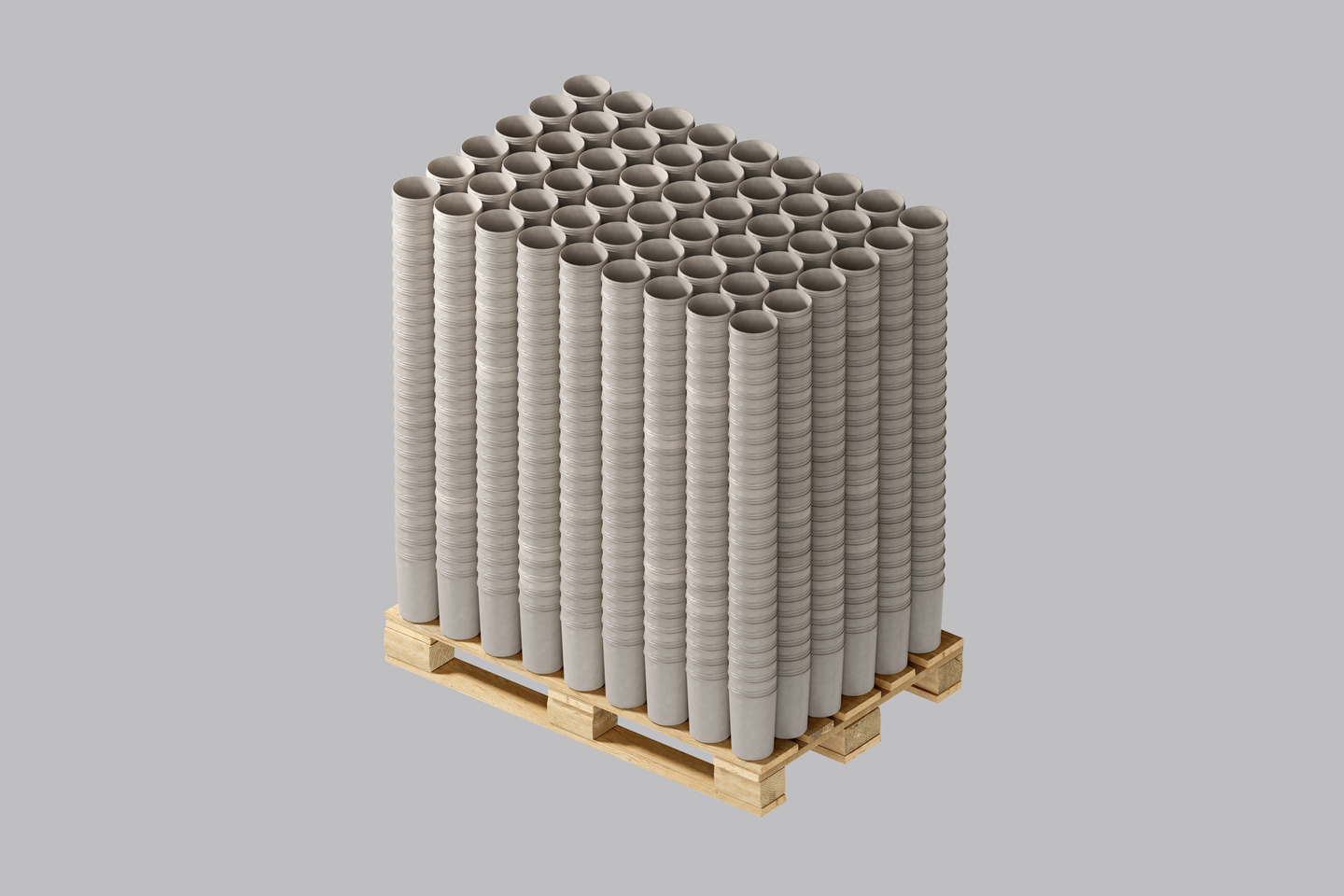 Wooden shipping pallet loaded high with neatly stacked white packaging pots.