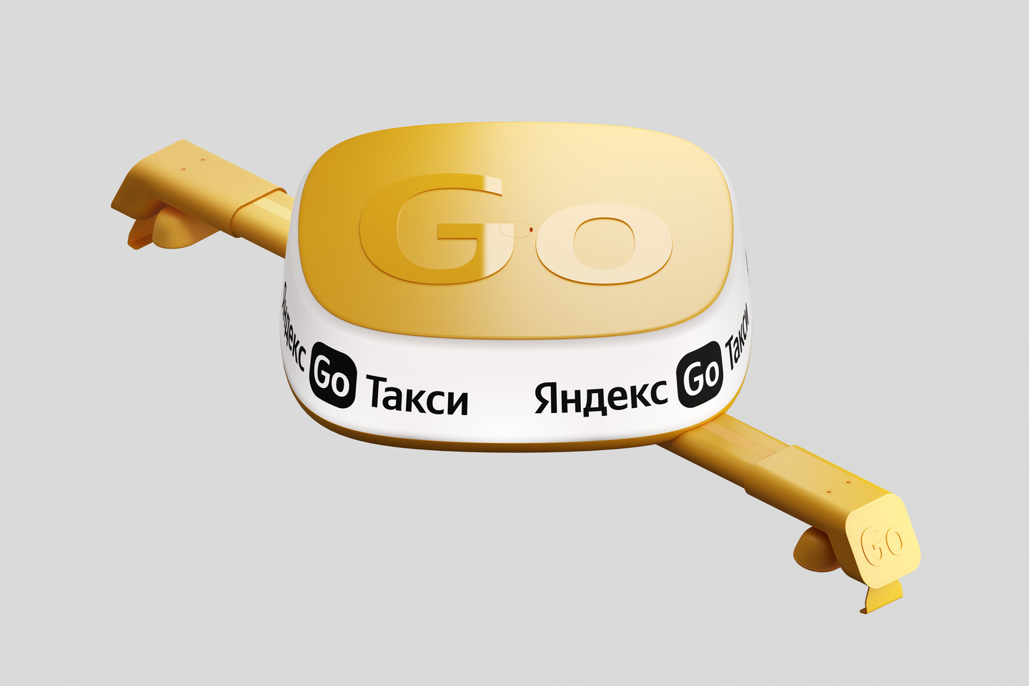Rendered view of a compact yellow and white taxi rooftop sign