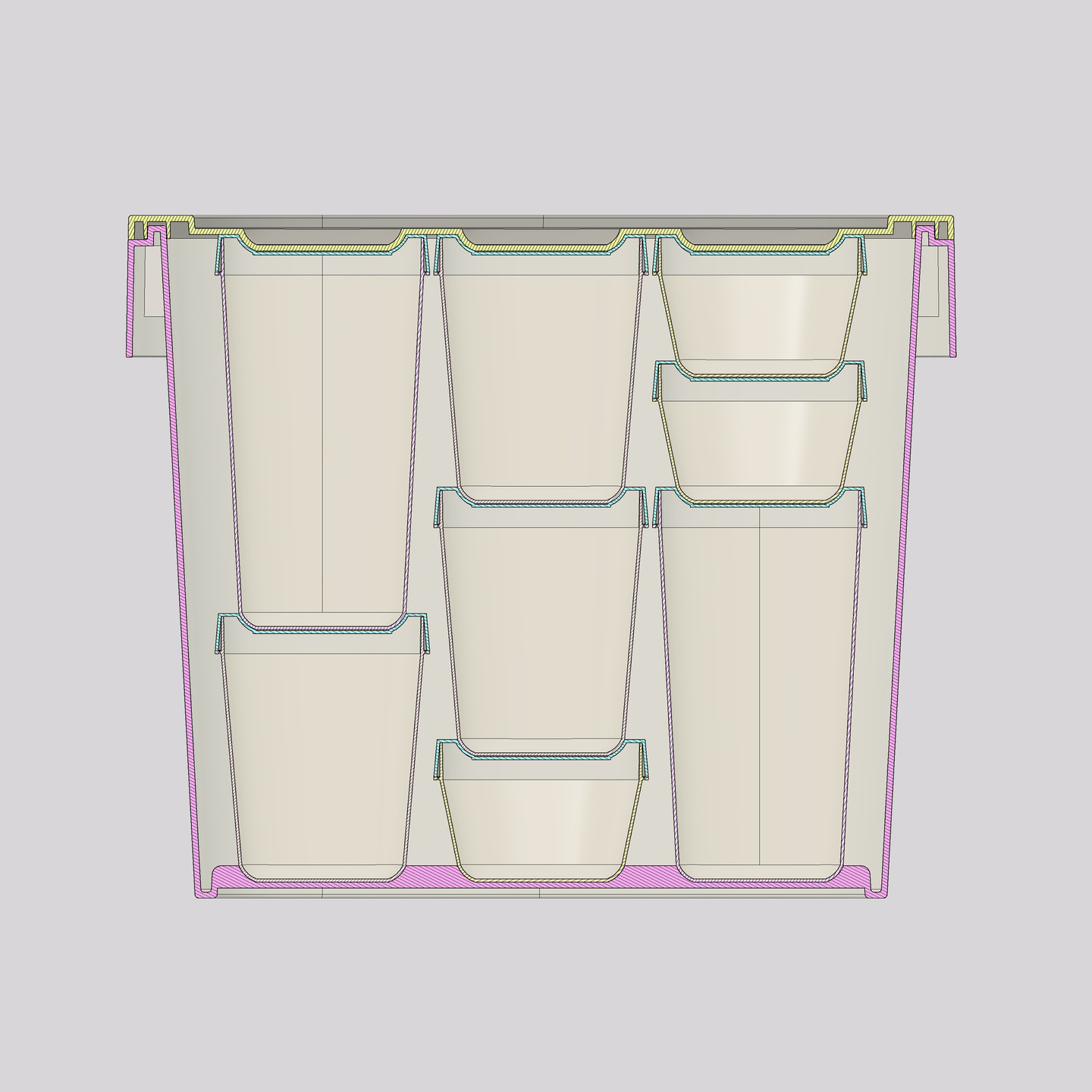 Cross section view of a beige rectangular reusable tub container with lid attached.