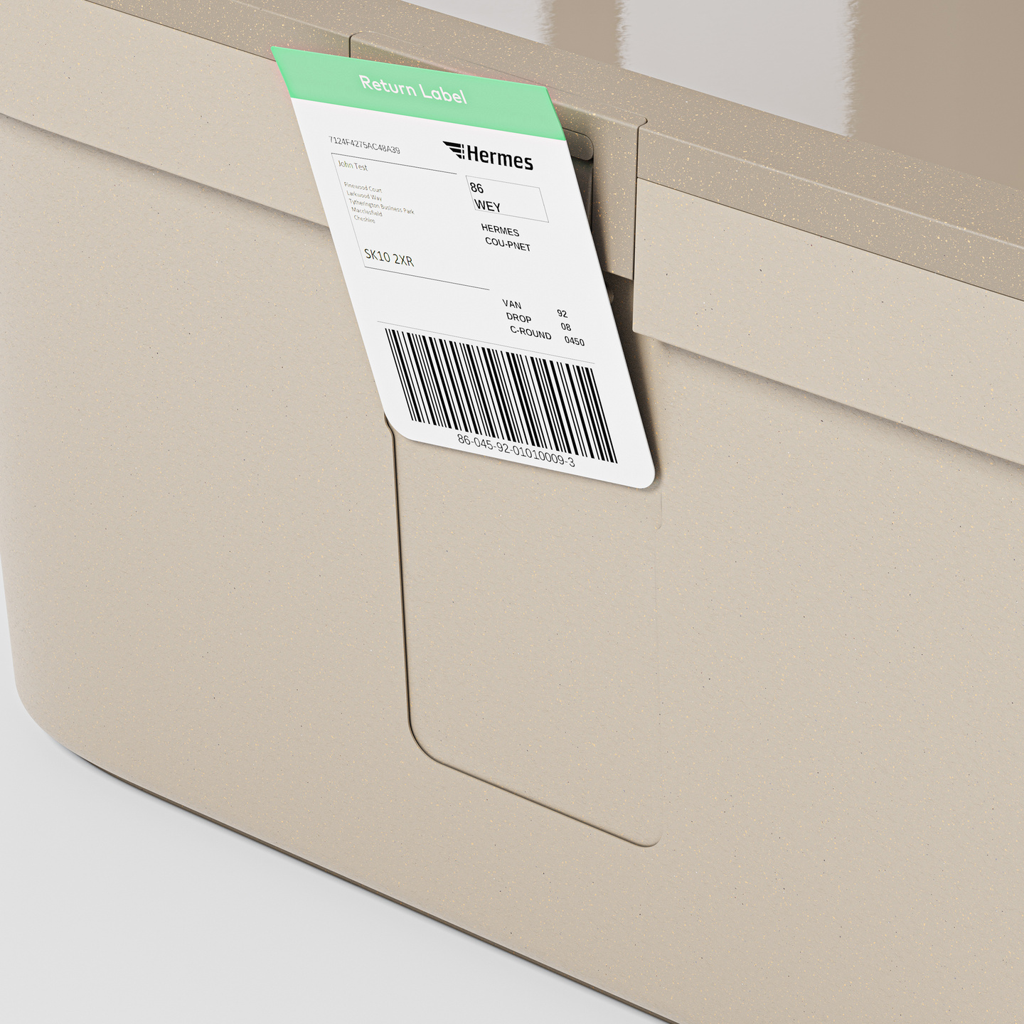 Side profile view of a beige rectangular reusable tub container.