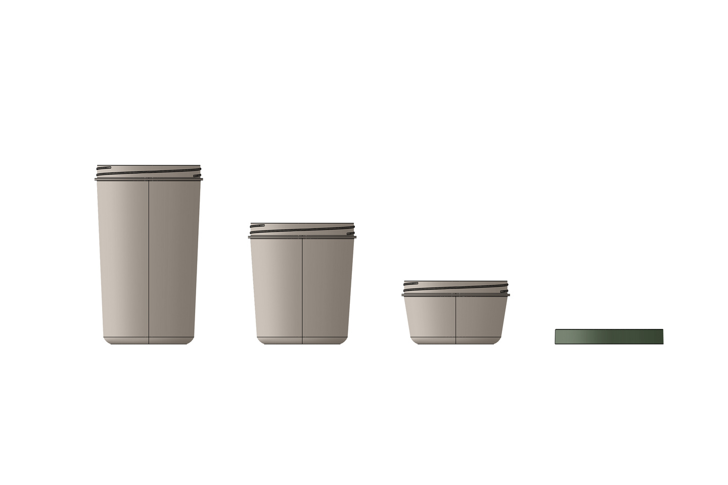 Four white reusable packaging pots lined up in order of increasing size.