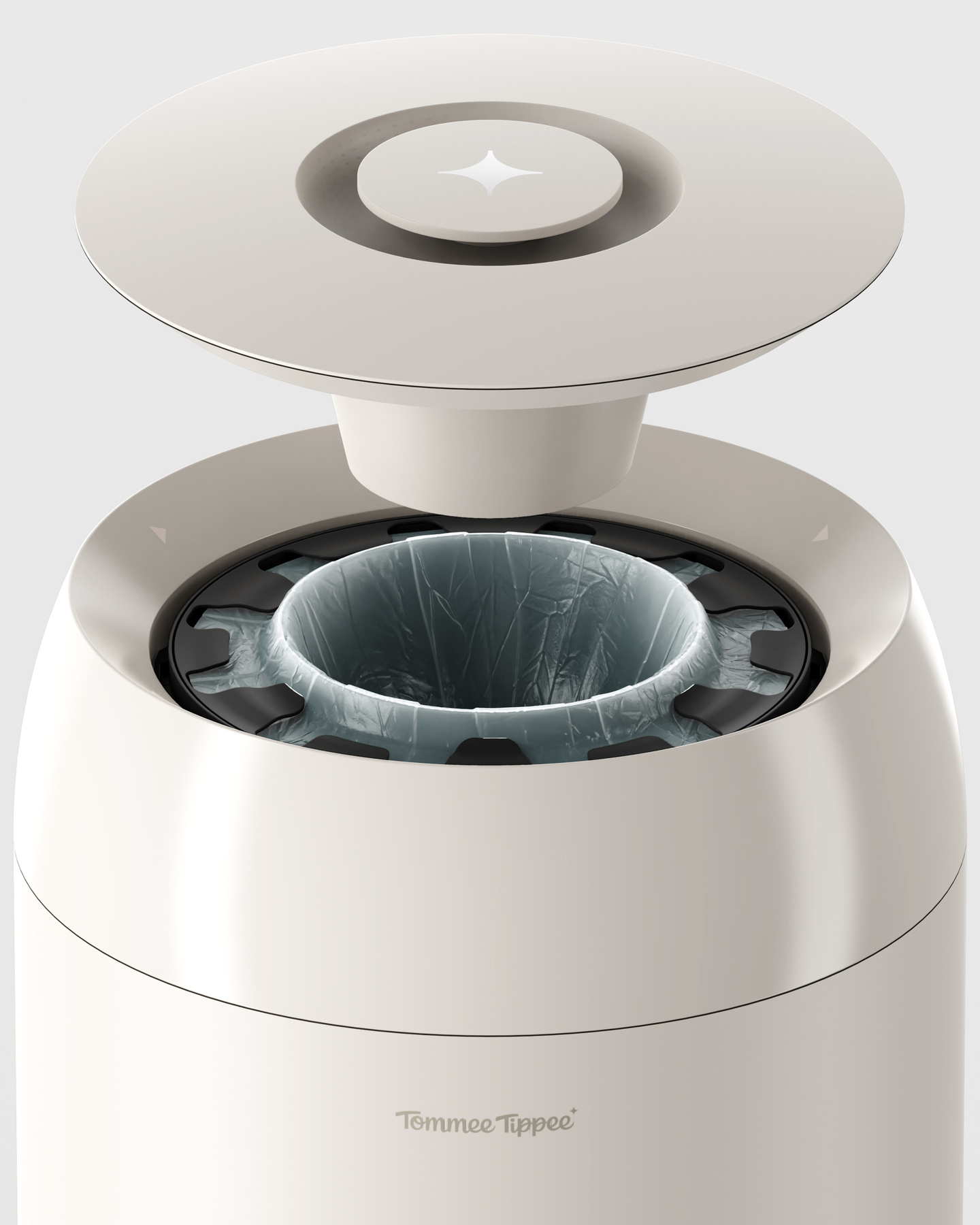 Detailed render of a white product showing internal top mechanism