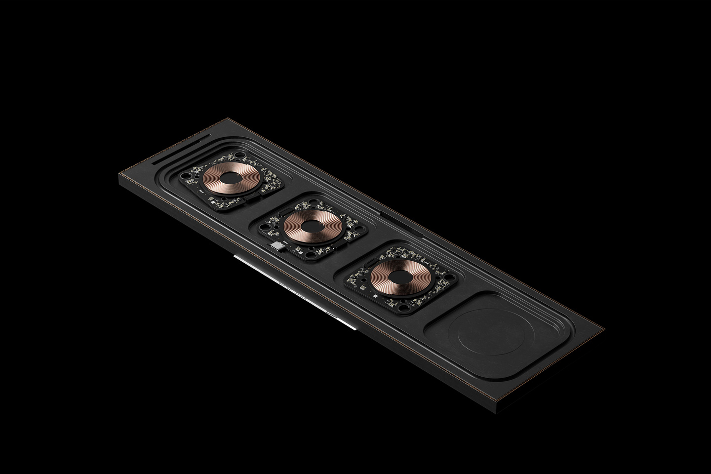 Unfolded four-pad wireless charger displayed diagonally on a dark background.
