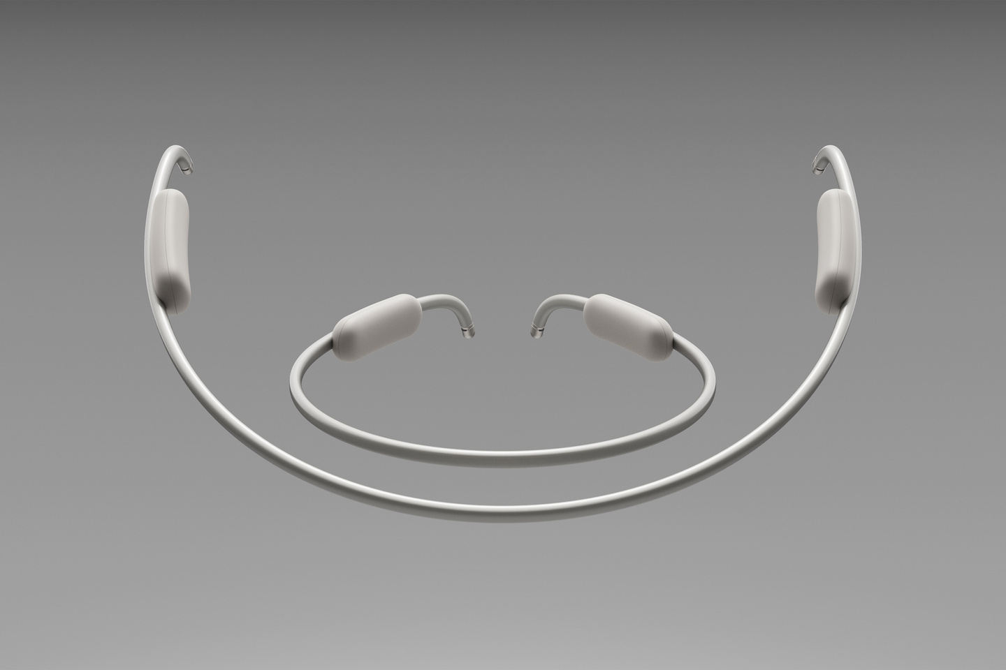 Render showing two flexible Clay AI wearable neckbands in white and silver finishes