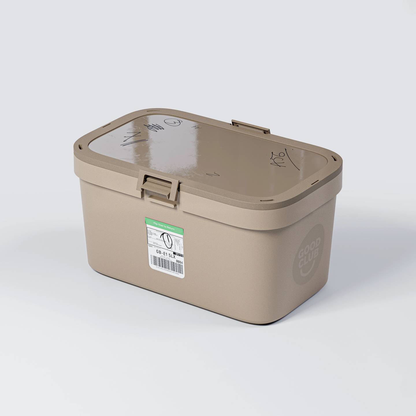 Angled perspective view of a beige rectangular reusable tub container.