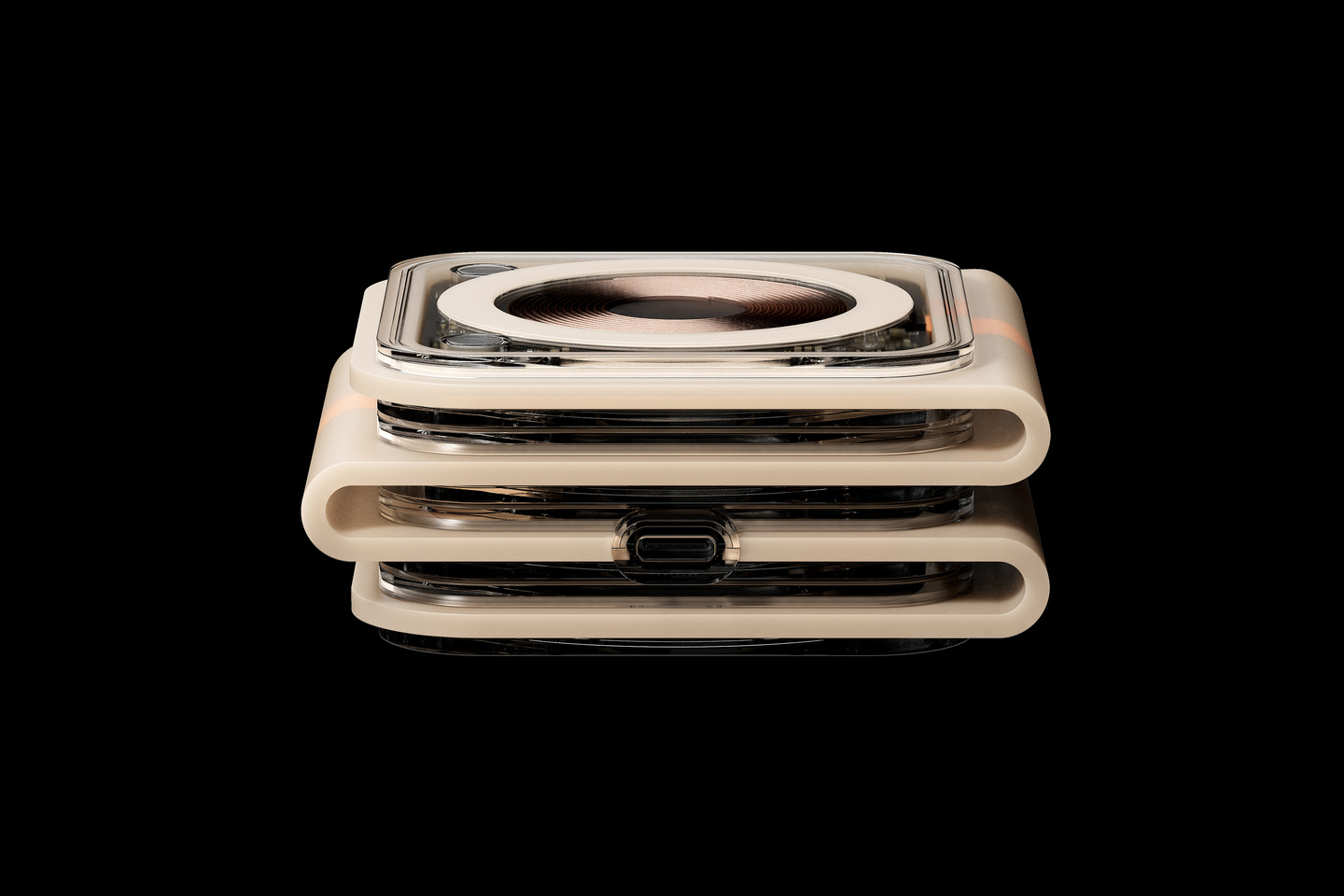 Folded wireless charger unit stacked neatly into a compact rectangular form.