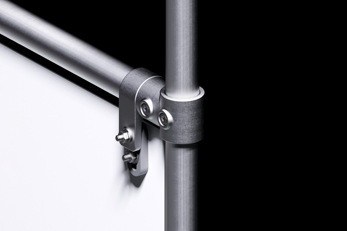 Close-up photograph of metal structural pole and connector joint