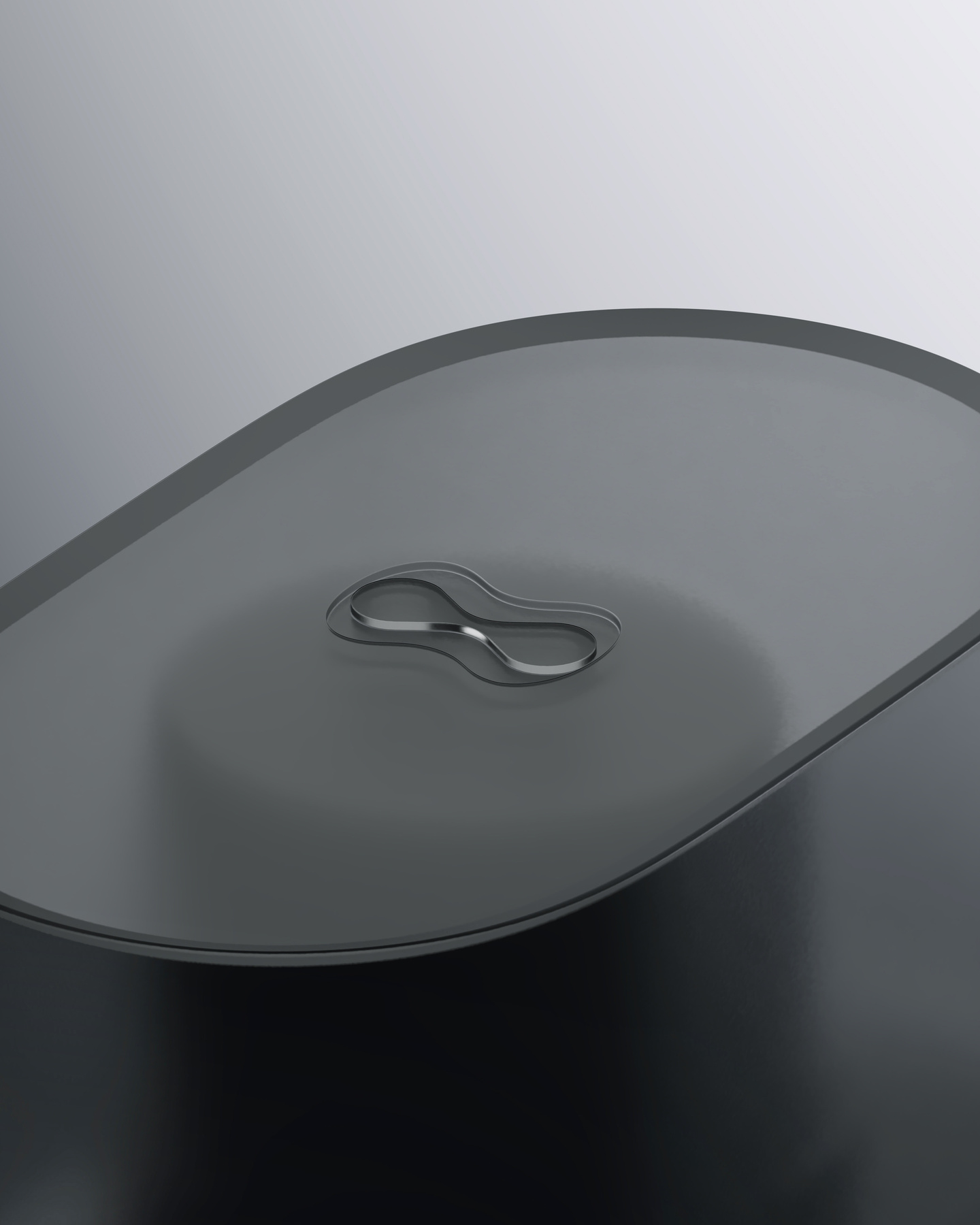 Close-up view of a dark translucent matte container cap featuring an embossed infinity symbol on top.