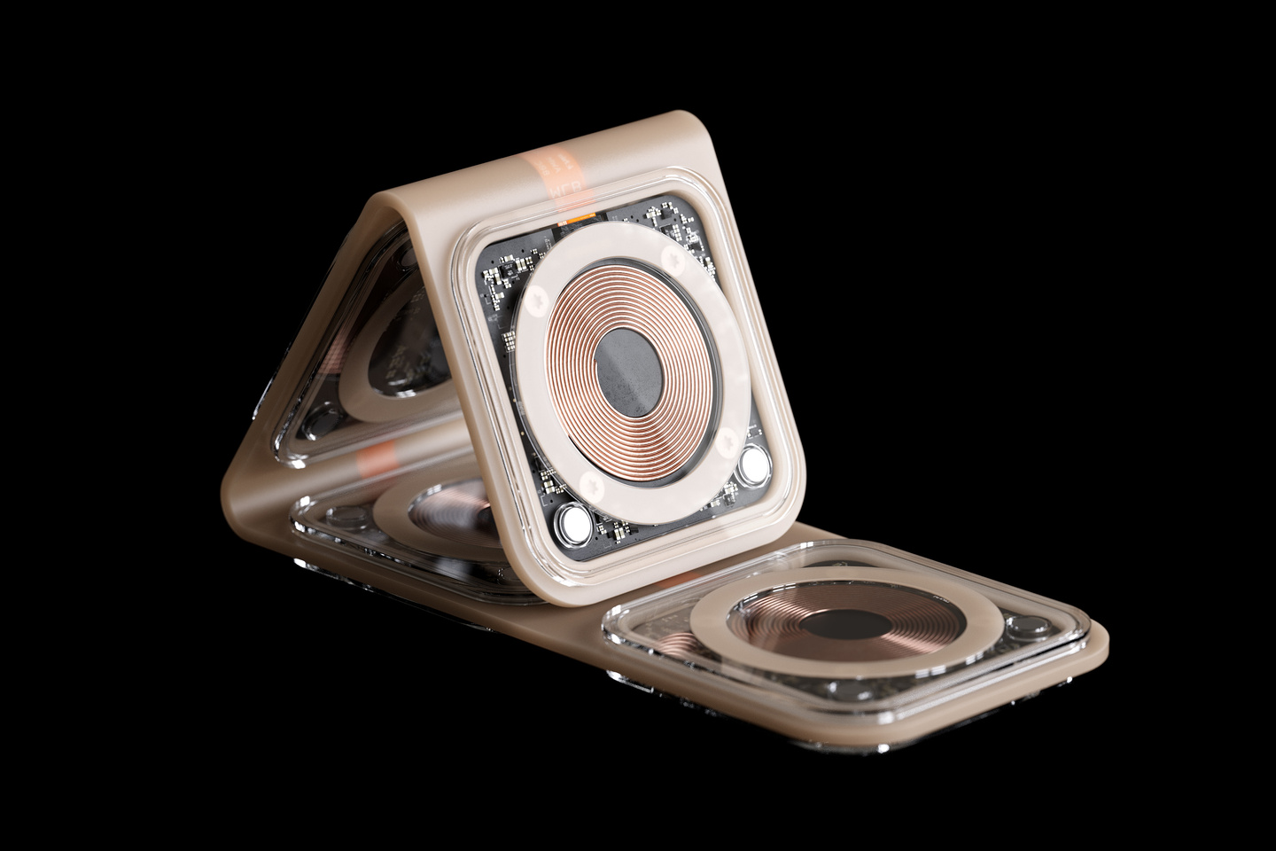 Wireless charger folded into a triangular phone stand structure.