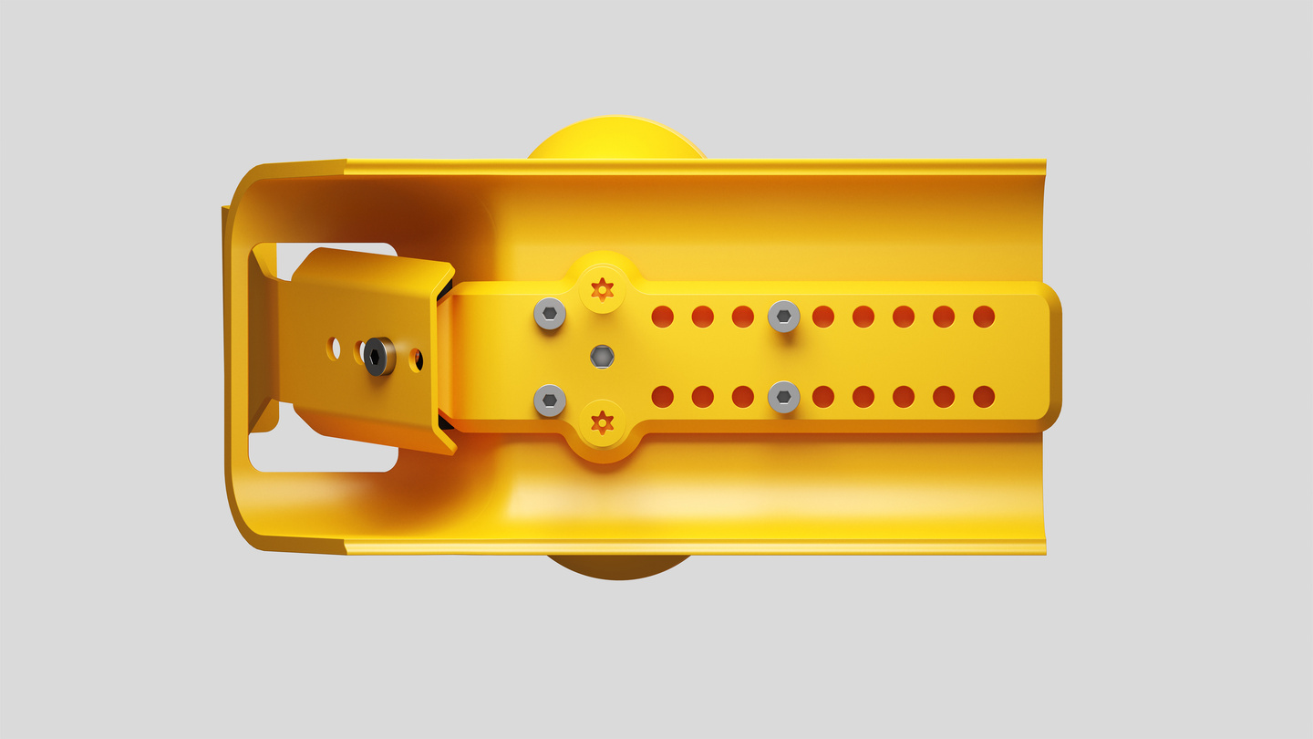 Top-down 3D CAD render of a yellow roof rack mounting structure