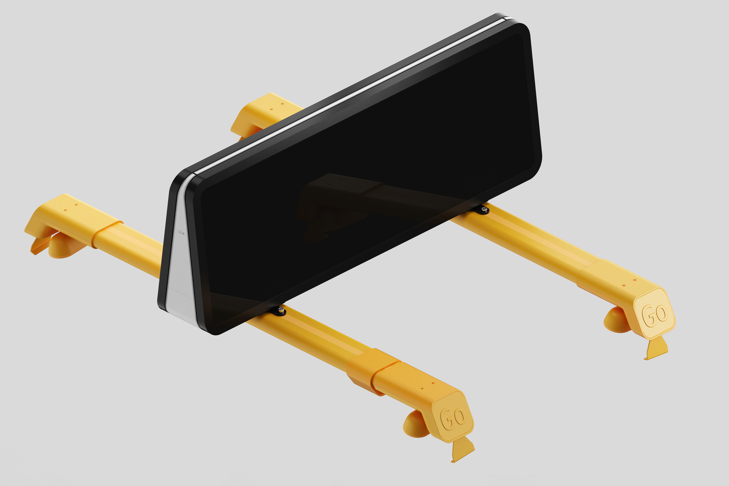 3D render of a black and yellow taxi roof rack mounting system on a grey background