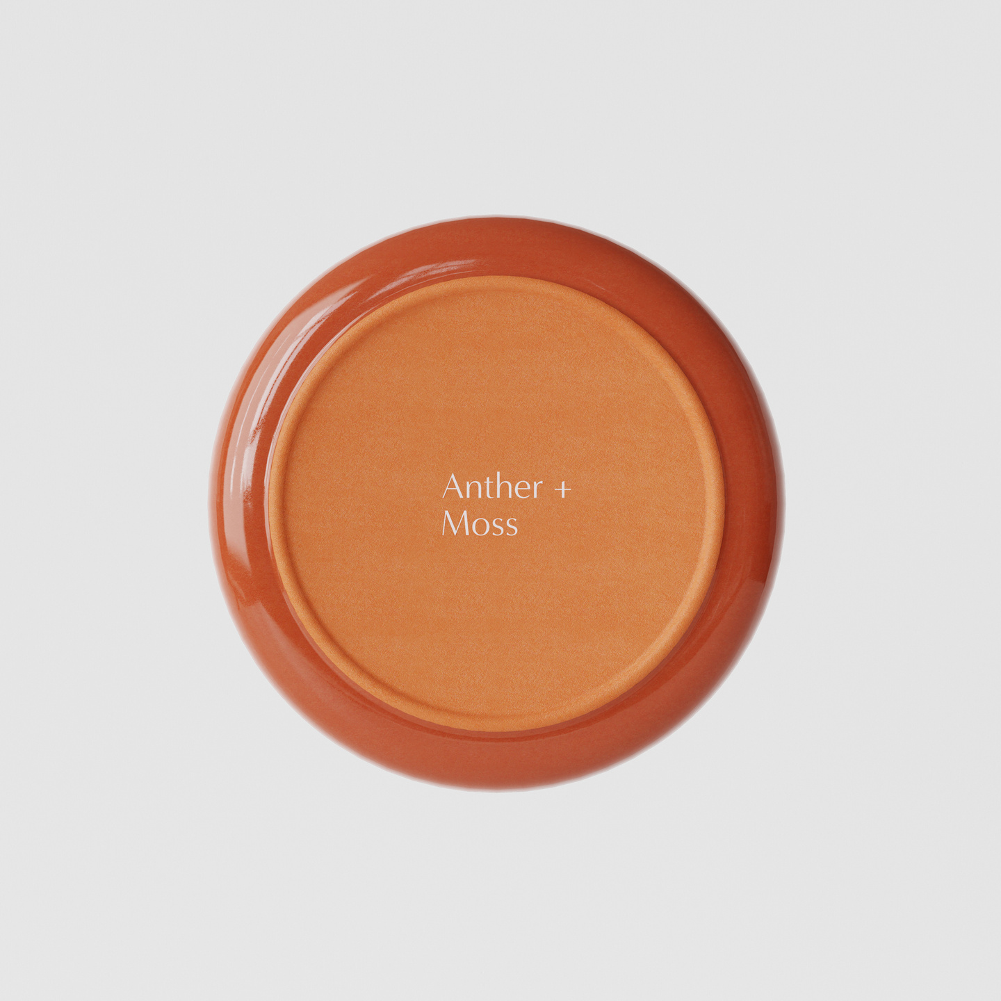 Top-down view of a circular terracotta plant pot saucer printed with Anther + Moss