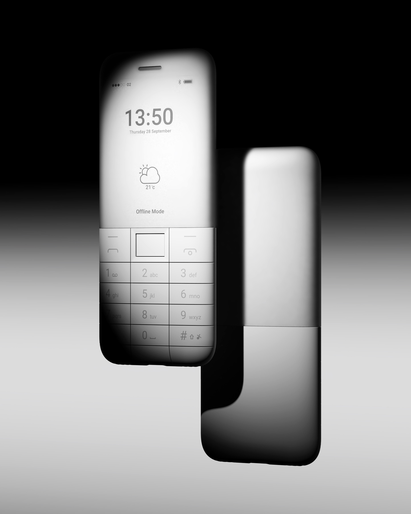 Front and rear profile view of a white minimalist keypad phone in studio lighting.