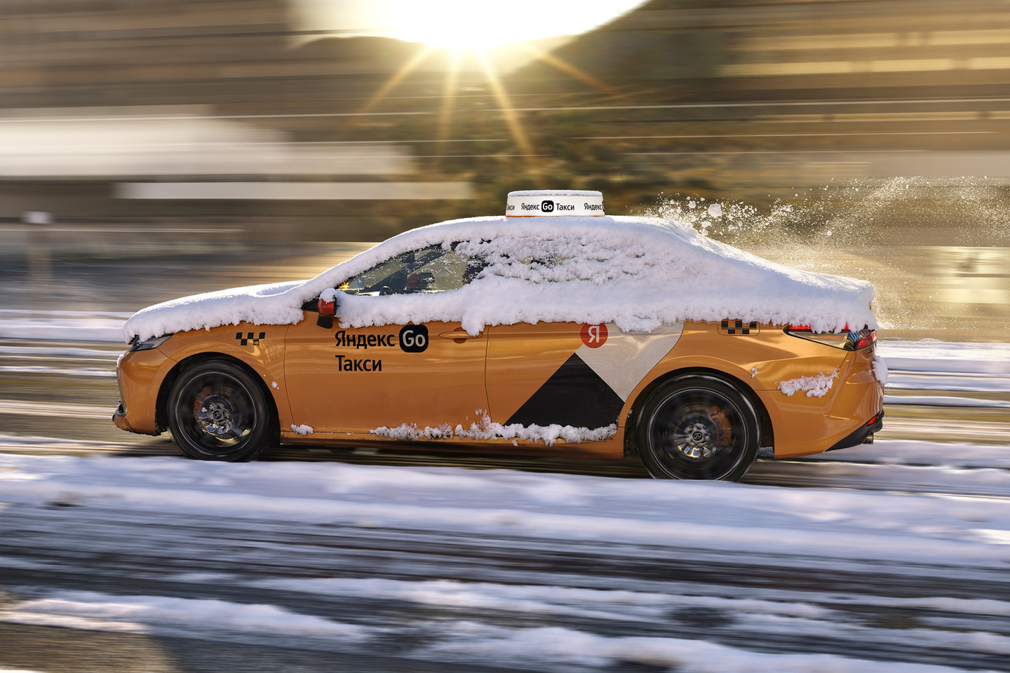 3D render of a white and yellow taxi parked in a snowy landscape