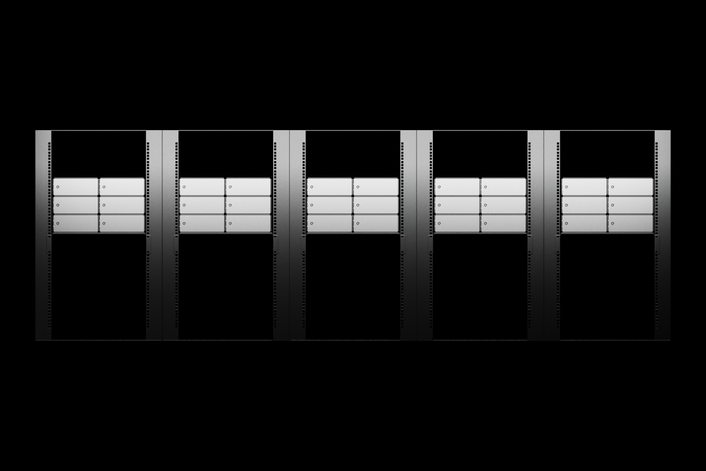Array of five vertical dark hardware enclosures displayed against dark background