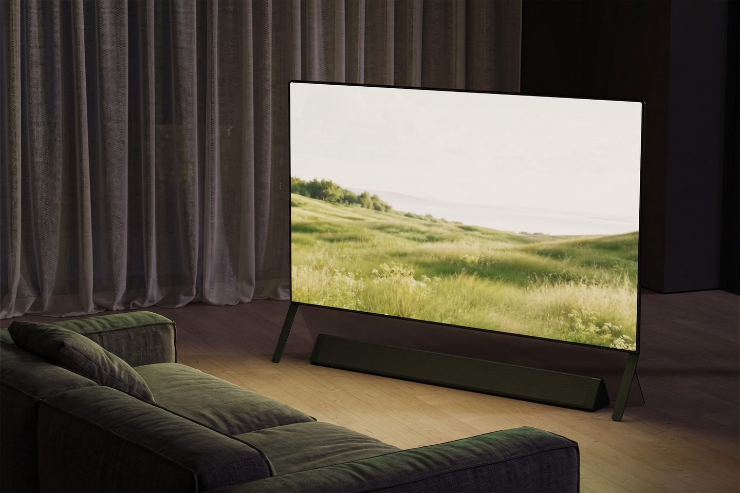 Television set up in a dimly lit living room interior.