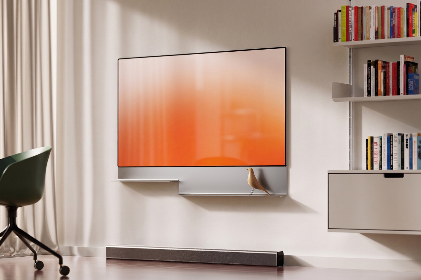 Television mounted on a light-coloured wall showing a vibrant orange screen.