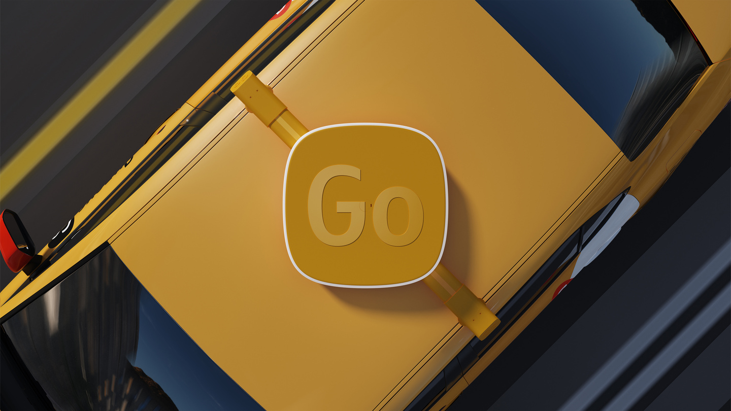 Overhead render showing a yellow taxi roof with round Yandex Go lightbox