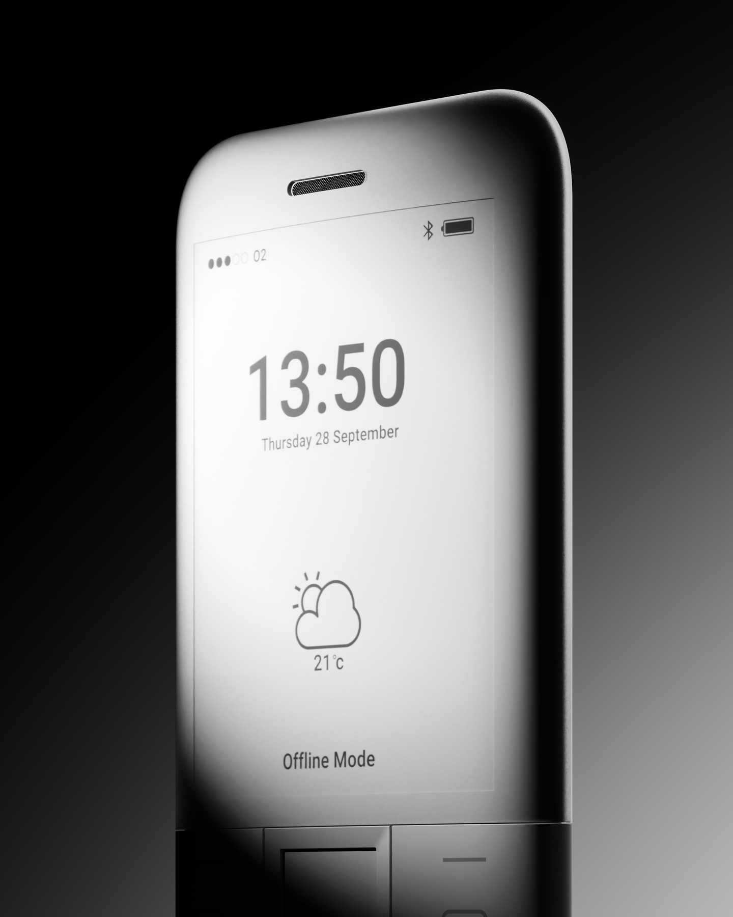 Small white minimalist keypad phone standing upright on a grey background.