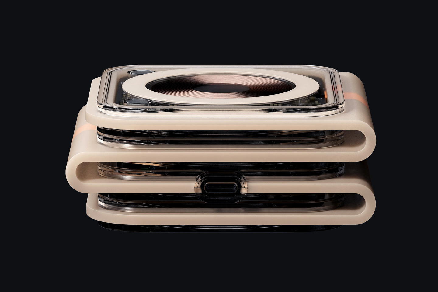 Folded wireless charger unit stacked neatly into a compact rectangular form.