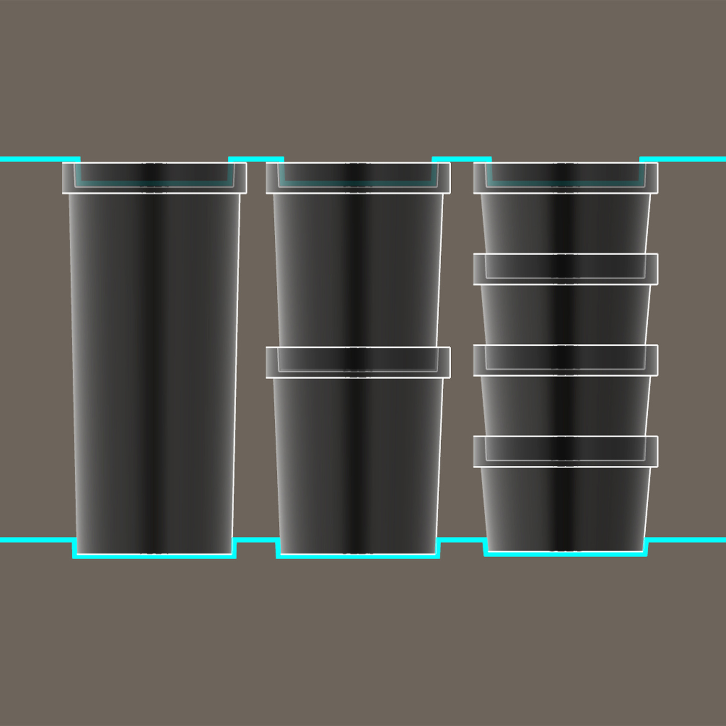 Three dark grey cylindrical reusable packaging pots set side-by-side.