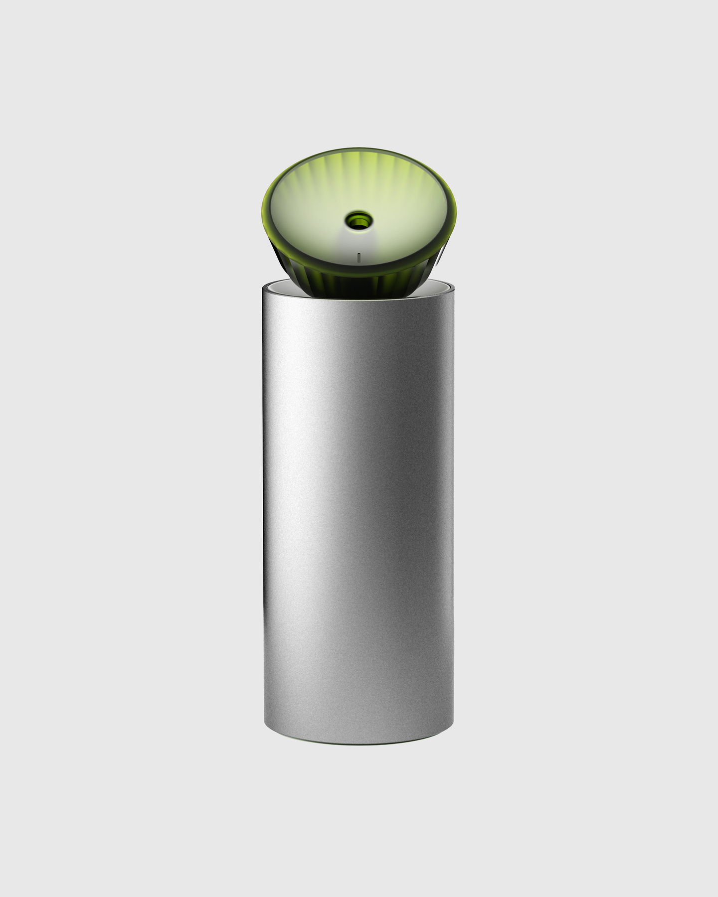 Brushed silver cylindrical pedestal with a green top component