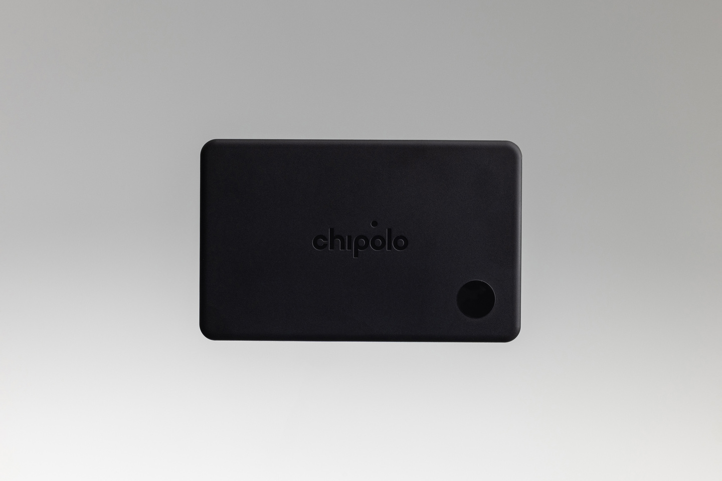Front view of a small black rectangular Chipolo Card tracker.