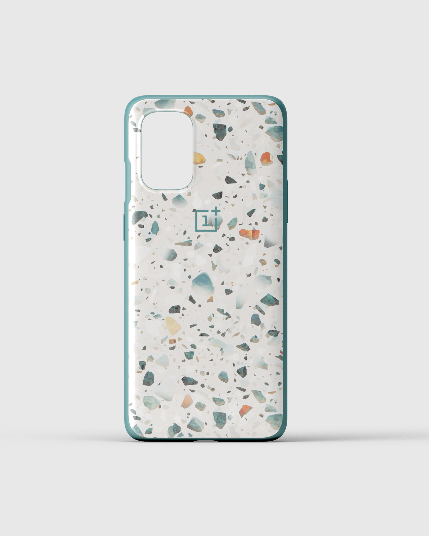 Speckled terrazzo pattern smartphone case standing vertically against light grey background