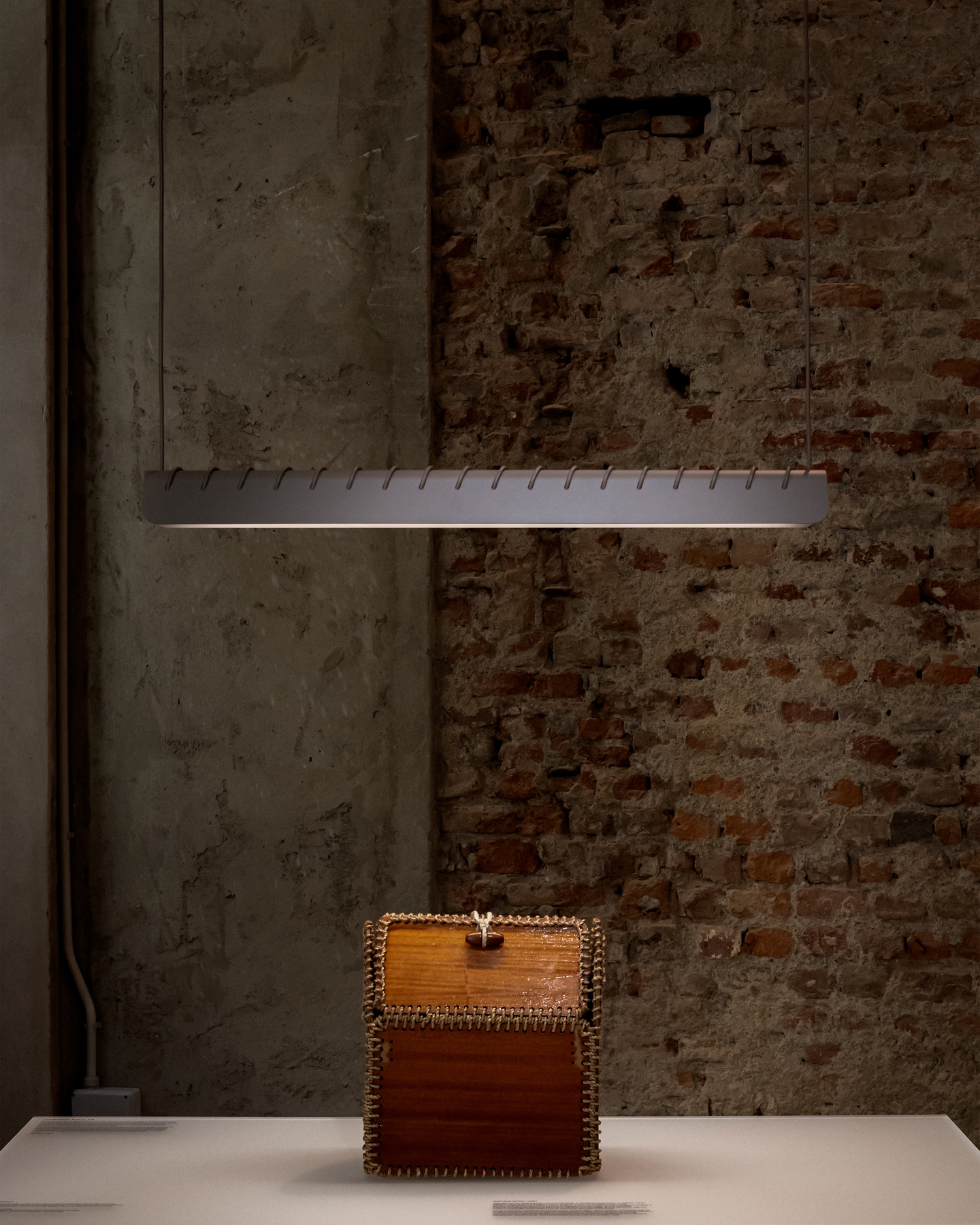 Linear pendant lamp suspended above a low wooden display box against a brick wall.