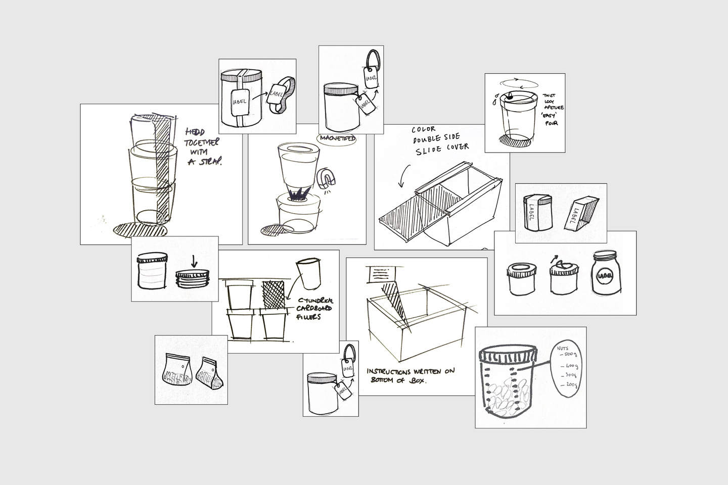 Presentation board displaying concept sketches and structural design drawings.