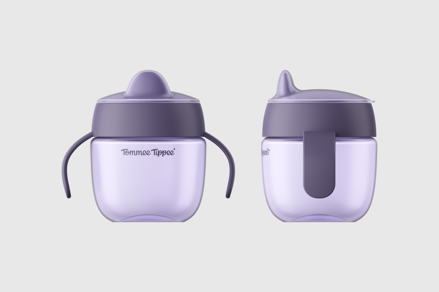Two purple baby sippy cups shown from the front and side