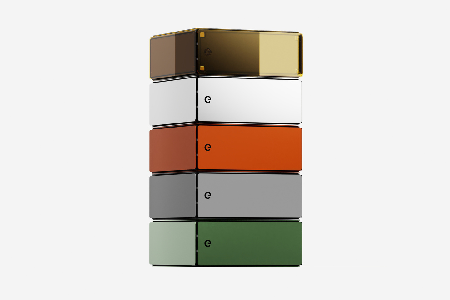 Stacked rectangular blocks displaying different color and finish options for hardware
