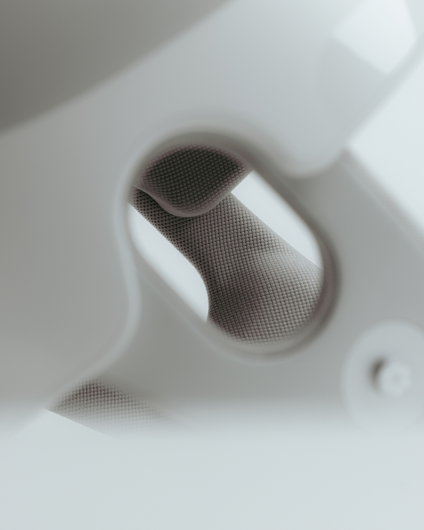 Detailed close-up view of smooth white shell surface and metal component joint