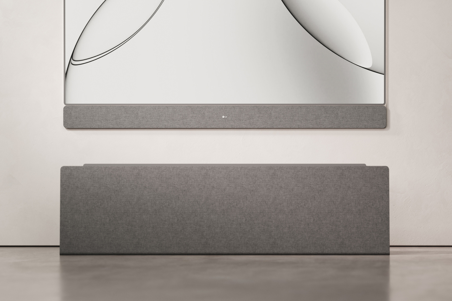 Rendered visualization of television unit mounted on a grey wall.
