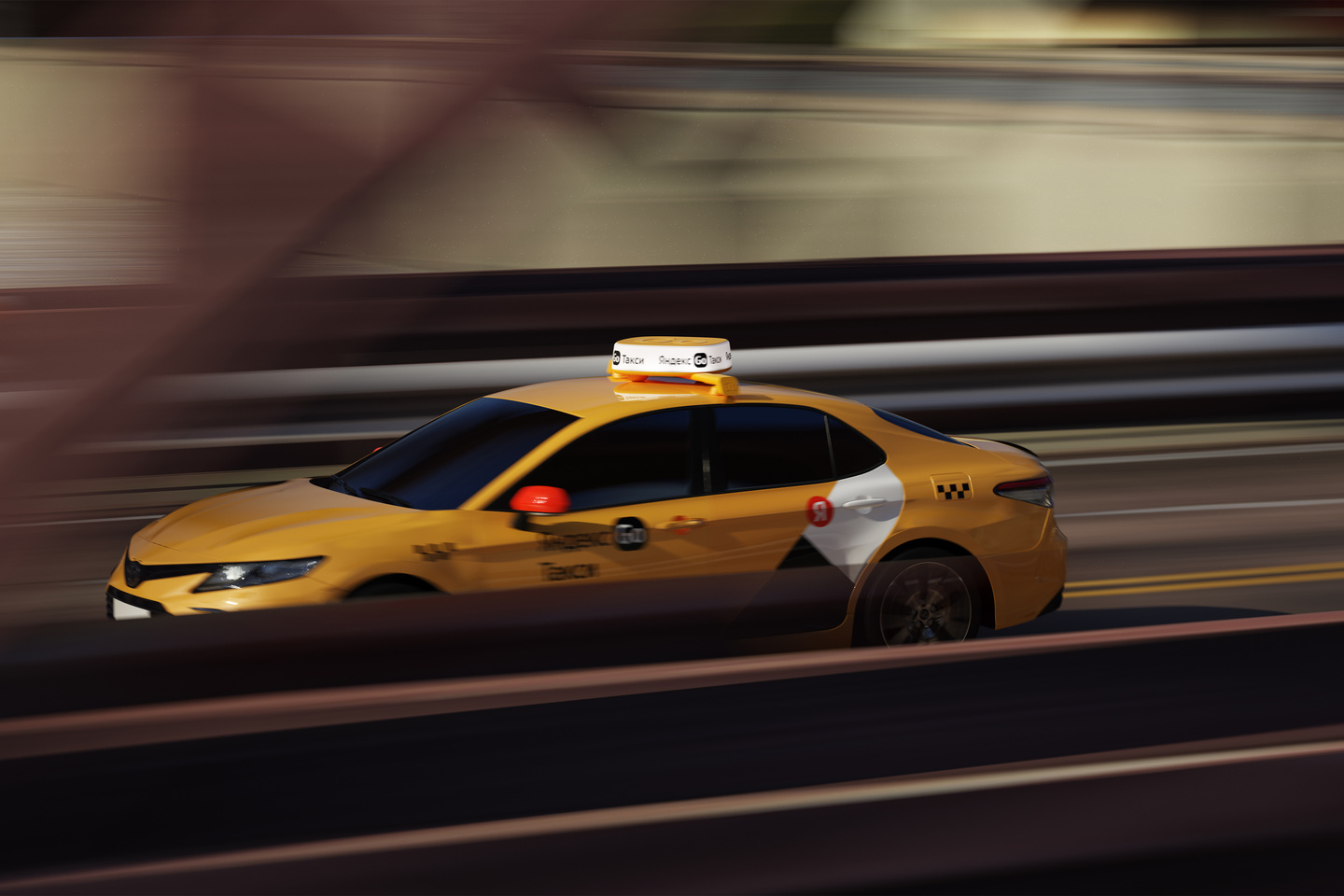 Side profile of a yellow taxi driving along an urban road