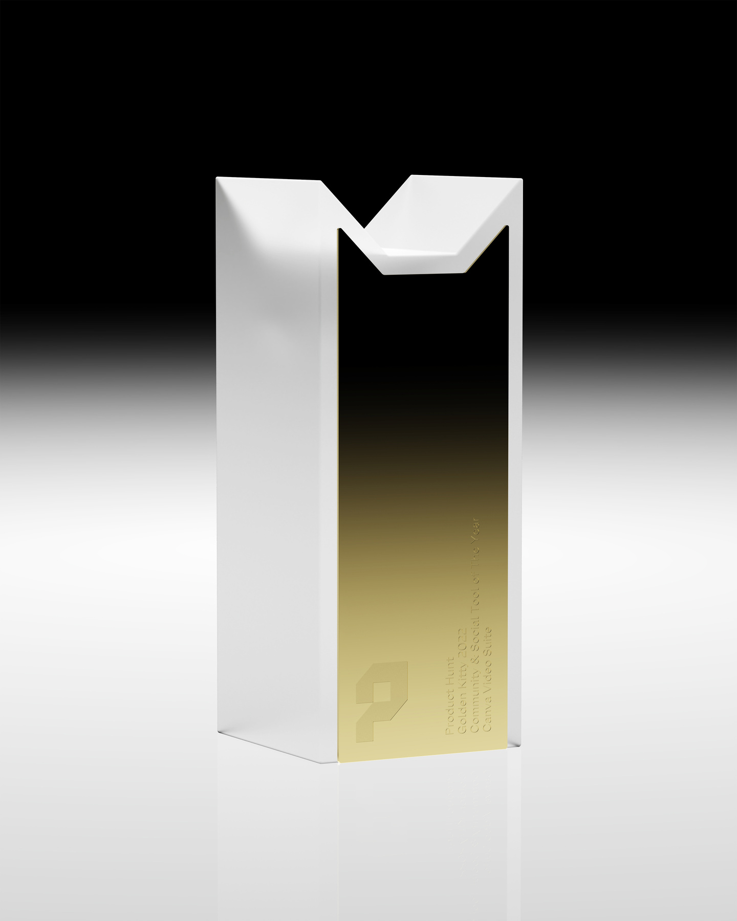 Golden Kitty Award trophy with geometric metallic sides and gold accent gradient.