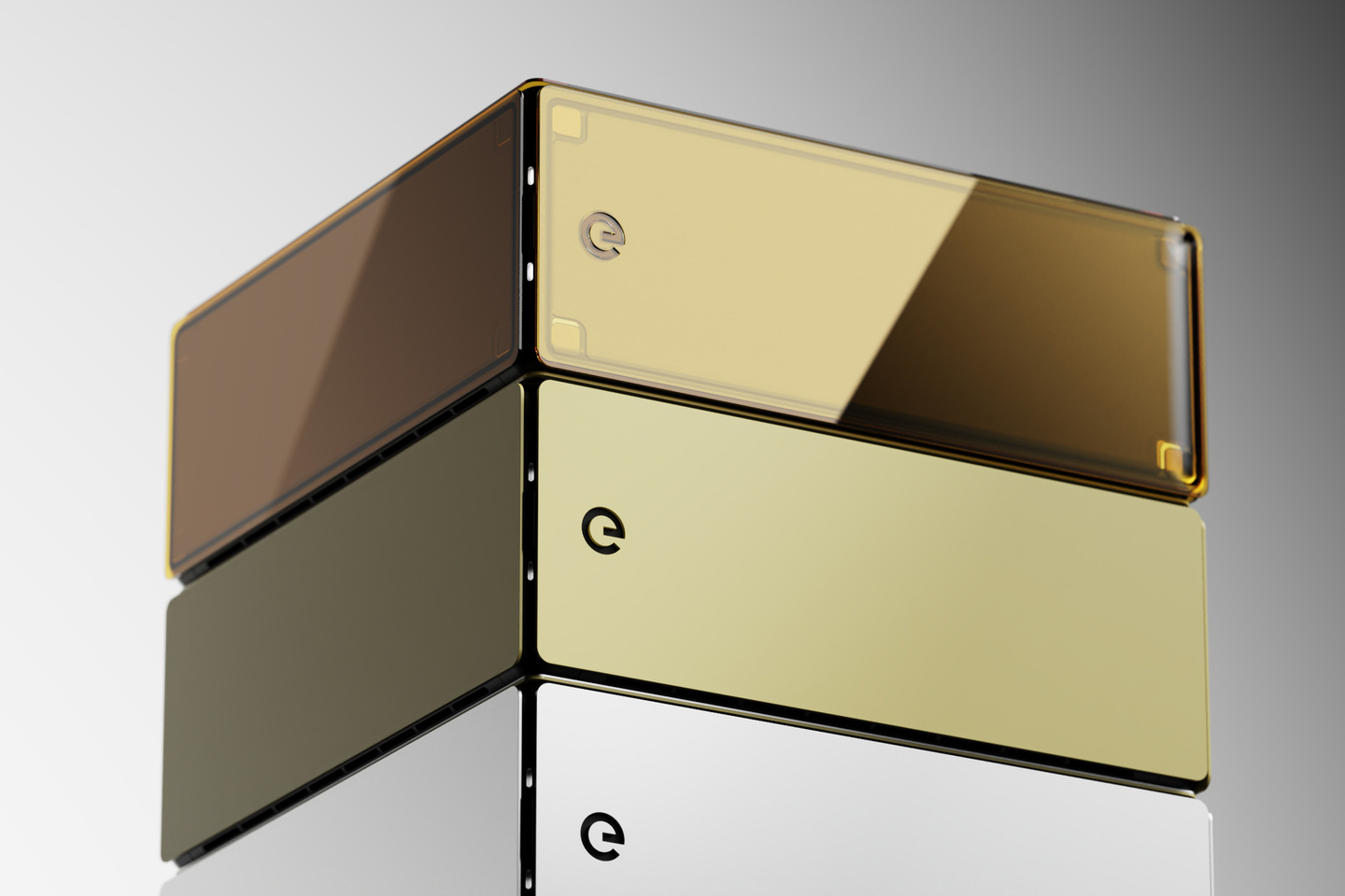 Studio render of metallic modular box enclosures stacked vertically