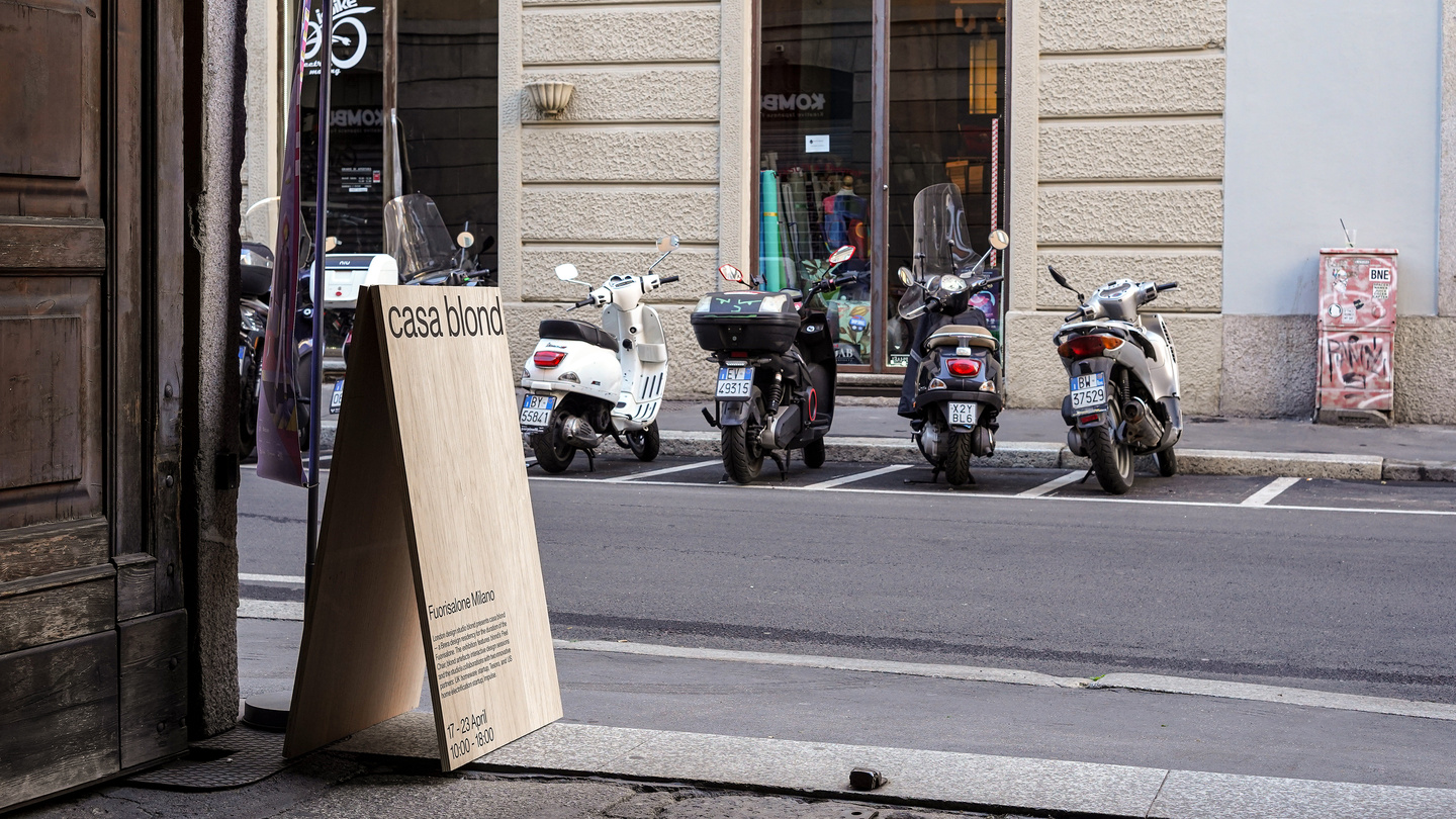 Exterior photograph of Milan street buildings during Milan Design Week.