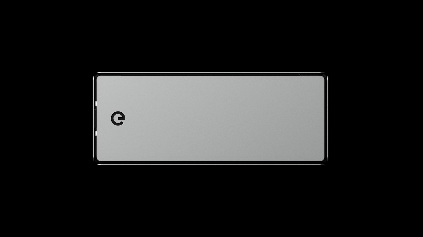 Front profile render of rectangular grey electronic hardware box on dark background