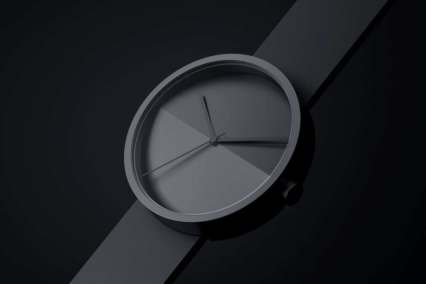 Close-up view of a minimalist grey wristwatch dial on a dark background